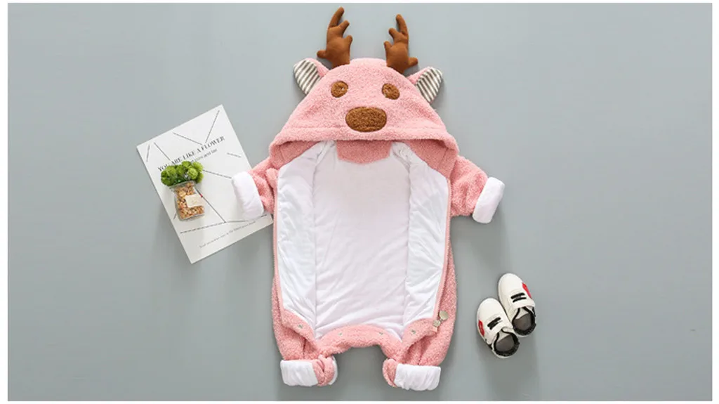 Hooded Baby Rompers New Born Baby Clothes Newborn Fleece Cartoon Winter Coat Warm Jumpsuit Christmas Coat Antlers Outwear Wy4