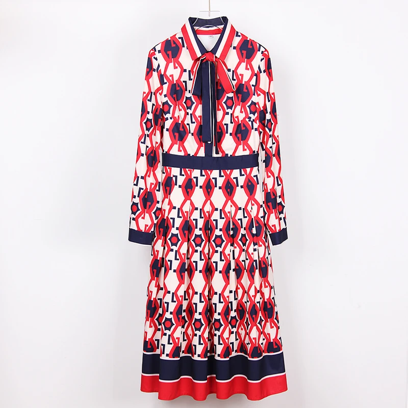 

S-3XL High Quality 2020 Brand New Fashion Stripe Print Button Long Sleeve Lace Bow Slim Temperament Woman Dress