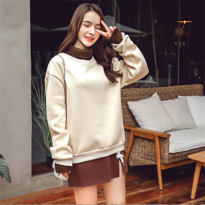 Beige Shellsuning, однотонные, без толстовки, простые повседневные топы с капюшоном, Женская толстовка, Осень-зима, утолщенная, имитация двух частей одежды - Цвет: Beige