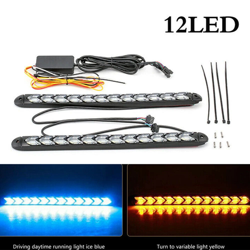 

Waterproof 12 LEDs Blue/White/Amber Car Daytime Running Light Arrow Flowing Turn Signal Lamp DRL Light Universal Car Strip Light