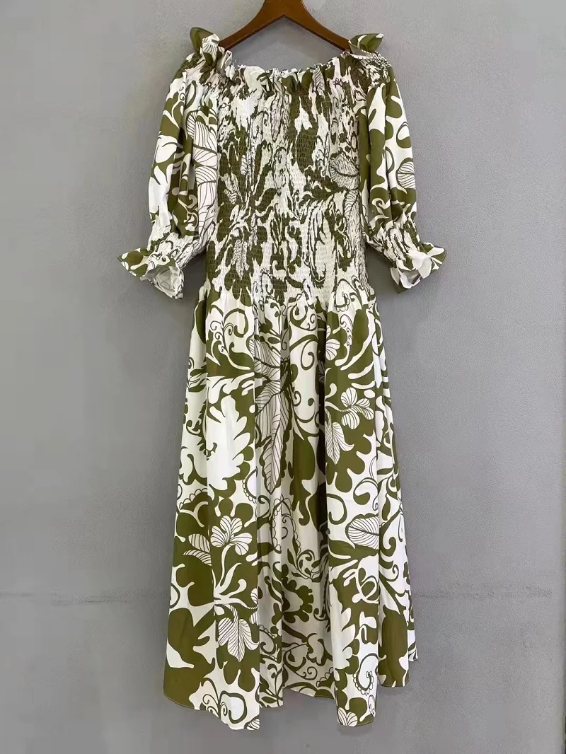 

Newest Fashion Spring Summer Dress High Quality Women Vintage Print Elastic Chest 3/4 Sleeve Casual Green coffe Dress Boho Beach
