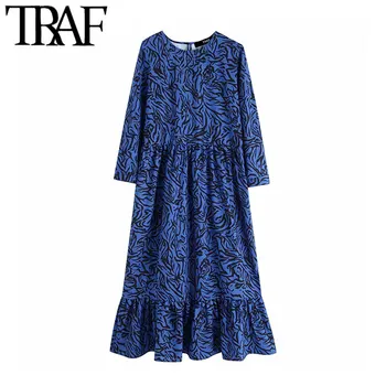 

TRAF Women Vintage Stylish Animal Print Pleated Midi Dress Fashion O Neck Three Quarter Sleeve Female Dresses Vestidos Mujer