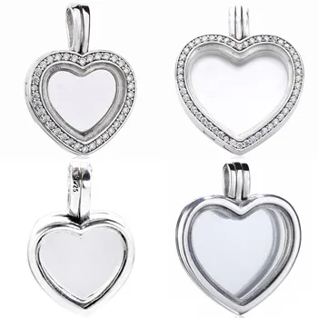 

Sparkling Medium & Large Heart Floating Lockets Necklace Pendant Fit Pandora Bracelet DIY Jewelry 925 Sterling Silver Bead Charm