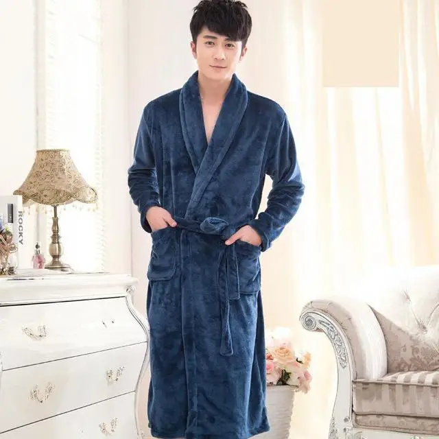 Men&women Coral Fleece Print Bow Robe Flannel Sleepwear Kimono Bathrobe Gown Winter Warm Thick Home Dressing Gown - Цвет: Men 5