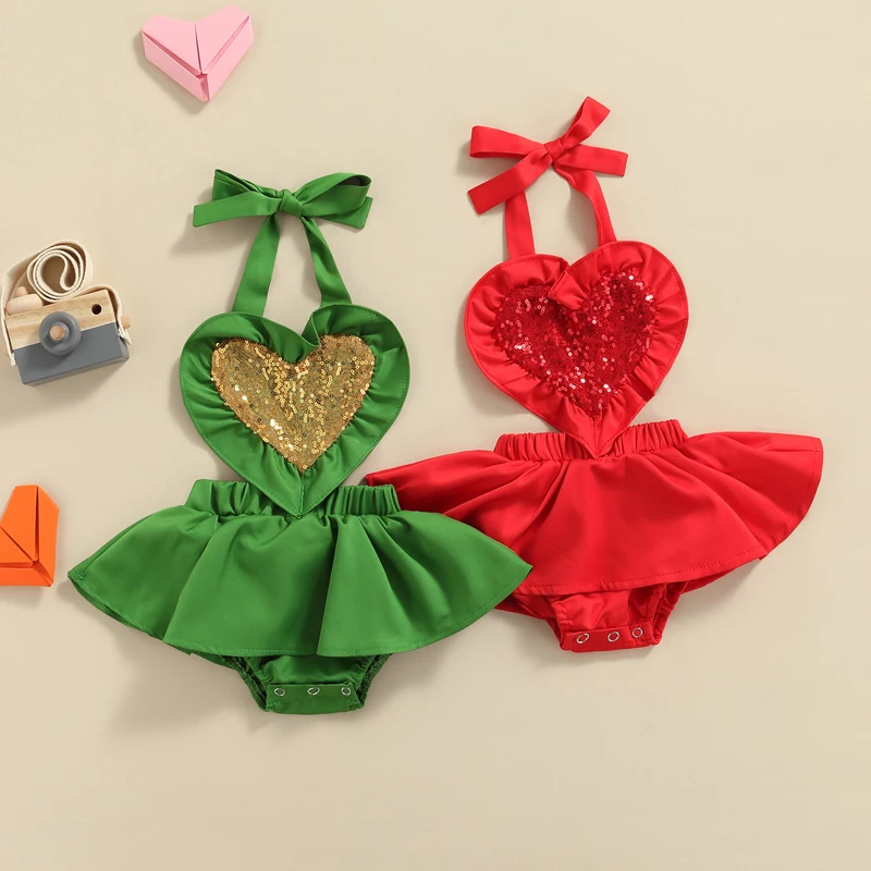 

2022 Summer Infant Baby Girls Princess Romper Cute Contrast Color Sequins Heart Sleeveless Strappy Lace Jumpsuit for Kids Girls