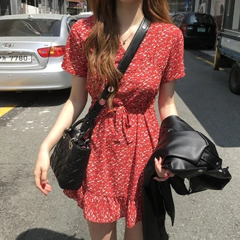

YAMDI party woman 2020 new korean elegant dresses vintage short sleeve summer a-line midi dress women print floral v neck vestid