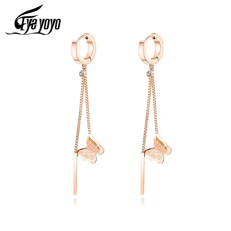 

EyeYoYo Butterfly Hoop Earrings For Women Stainless Steel Long Box Chain Female Ear Jewelry