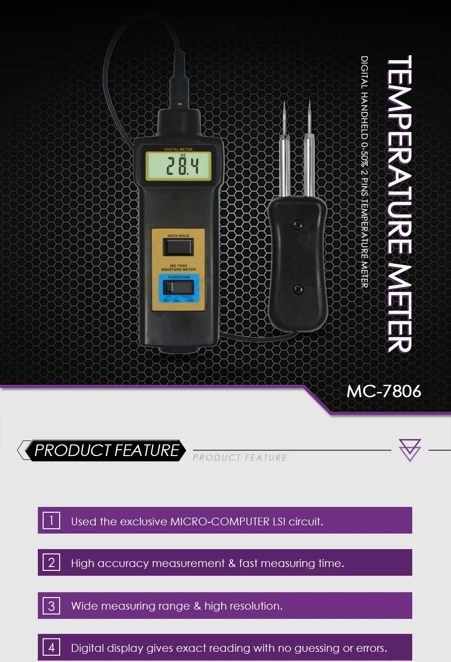 Lantek MC-7806 цифровой портативный 0-50% 2 шпильки бамбук влаги Лесоматериалы влажной пиломатериалы влажности древесины Температура измеритель влажности