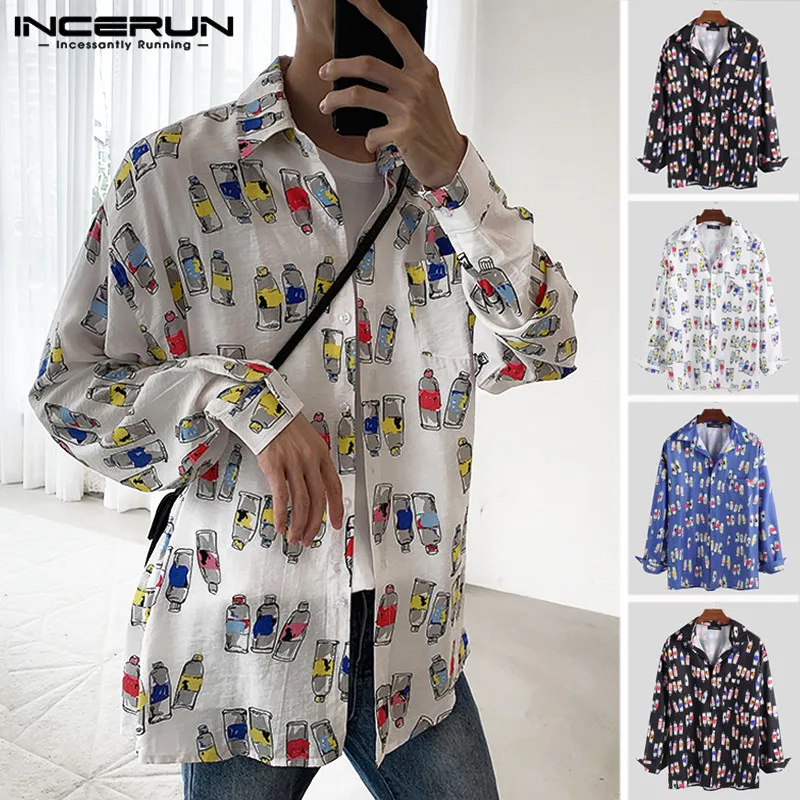 

INCERUN Chic Printing Men Korean Style Loose Shirt Long Sleeve Lovely Street Fashion Casual Shirts Masculina Camisa 2019 Autumn