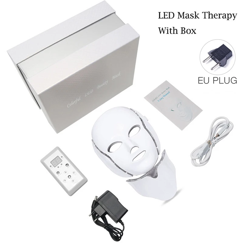 7 цветов, электрическая, светодиодный, терапия, Корейская фотонная маска для лица и шеи, красивая, светодиодный, радиочастотный, для ухода за кожей, омоложения, светодиодный, маска аппарат для омоложения лица xr-s2h4b - Цвет: EU Plug-Box