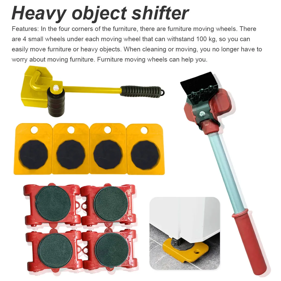 

Furniture Mover Tool Set Furniture Transport Lifter Heavy Stuffs Moving Tool 4 Wheeled Mover Roller+1 Wheel Bar Hand Tools Set