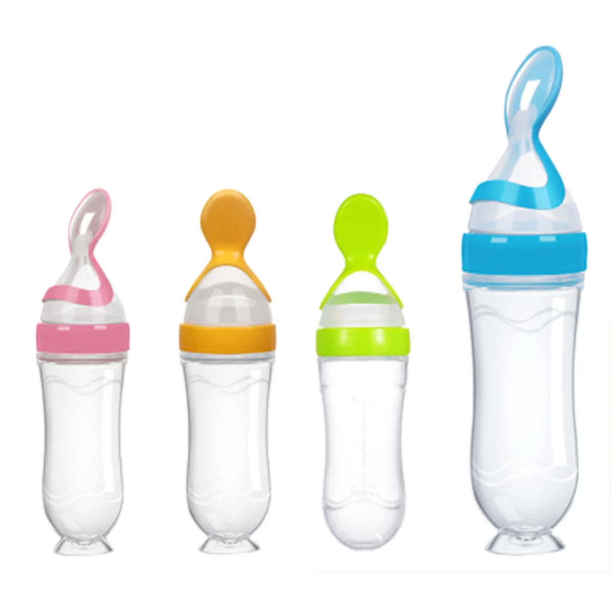 Baby Silicone Squeeze Feeding Bottle With Spoon Food Rice Cereal Feeder Blue Pink Yellow | Мать и ребенок