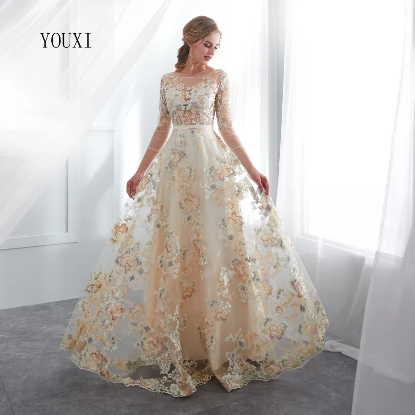 Floral Prom Dresses YOUXI Lace 3/4 Sleeves A-line Champagne Belt Empire Waist Long Evening Gowns Vestido De Formatura short formal dresses