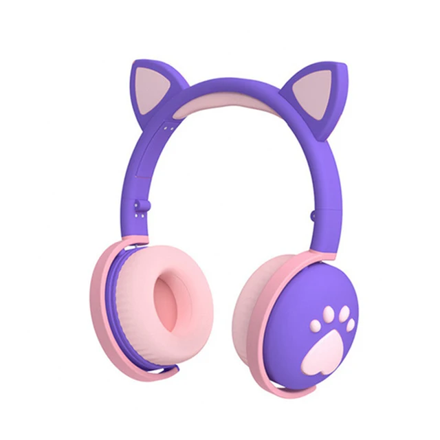 Cute Cat Headphones For Children Kids Wireless LED Light Cat Ear Blue-tooth Compatible Cat Paws Headset With Mic For Girl GIfts purple No Package