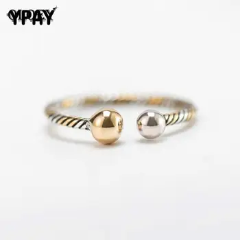 

YPAY Simple Double Metal Ball Adjustable Rings for Women 100% Real 925 Sterling Silver Open Ring Fine Party Jewelry Gift YMR351