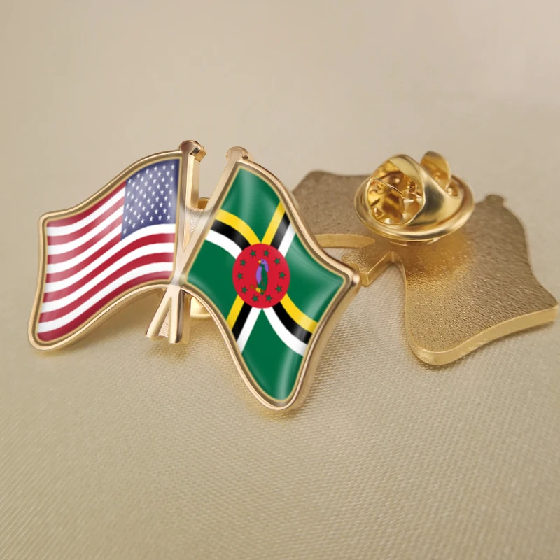 

United States and Dominica Crossed Double Friendship Flags Lapel Pins Brooch Badges