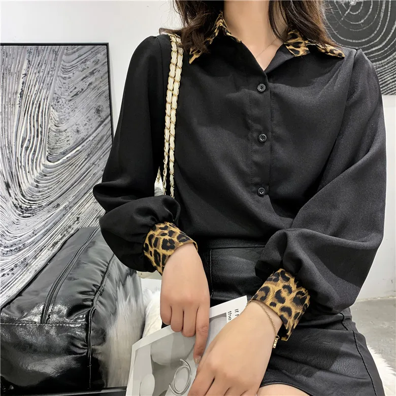 

2020 Spring And Autumn New Ladies Leopard Stitching Long-sleeved Shirt Fashion Casual Solid Color Loose Jacket Coat S-M