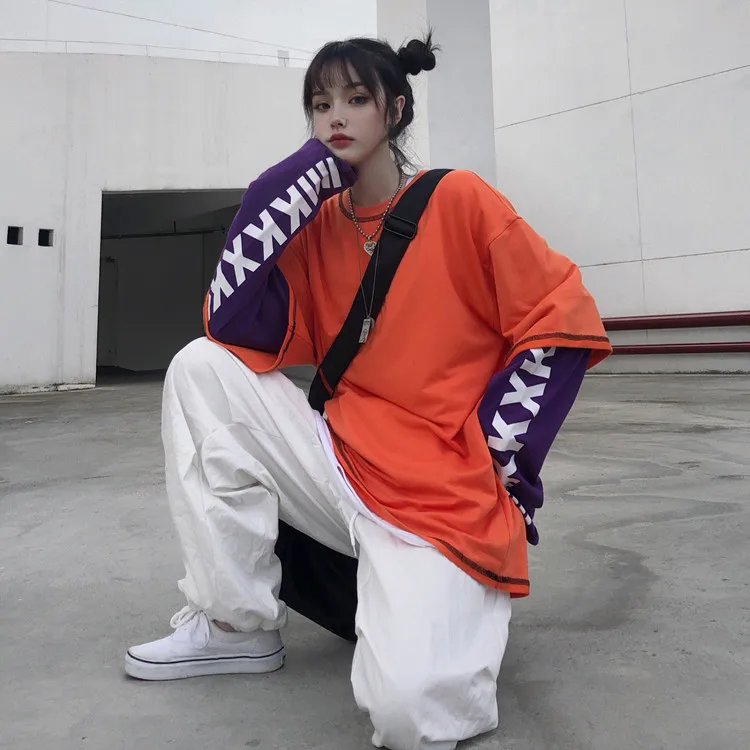 Woherb Harajuku поддельные 2 шт. футболки женские топы с принтом букв лоскутное Корейский Modis свободные весна осень леди футболка