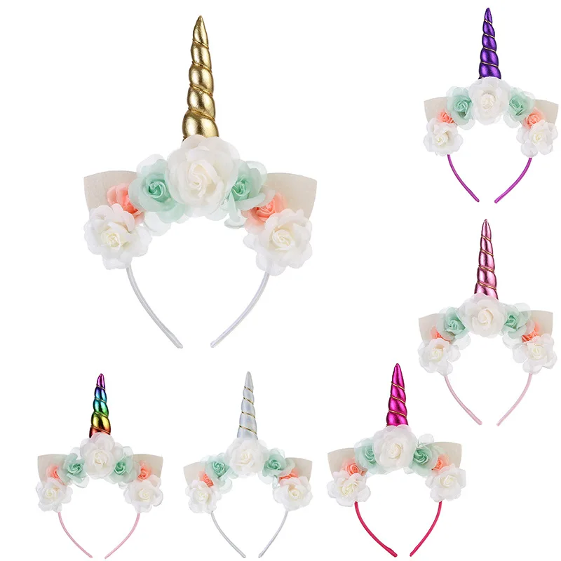 

10pcs/lot Brithday Unicorn Flower Hairbands Tiaras Floral Headbands Children Headwear Props Party Gift Hair Accessories