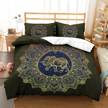 

Golden Lotus Elephant Bohemia Bedding Set Bedroom Decor Black Background Microfiber Soft 1PC Duvet Cover with Pillowcases
