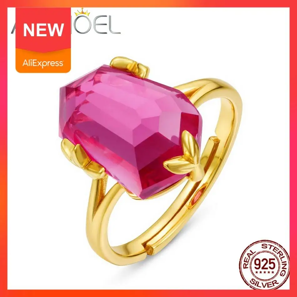 

ALLNOEL 925 Sterling Silver Ring For Women 15*10*5mm Synthetic Pink Topaz Irregular Gemstone Adjustable Jewelry Engagement Rings