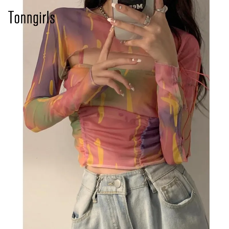 Tonngirls Sexy Rainbow Tie Dye Two Piece Set T Shirts Slim Mesh Tops Bandage Lace Up Crop Top Egirl Sweet Y2k Tshirt Hollow Out | Женская