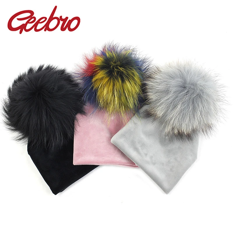 

Geebro Winter Thick Warm Velvet Beanies Hats For Nebworn Baby Boys Girls Soft Toddler Infant with 15cm Raccoon Fur Pompon Hat