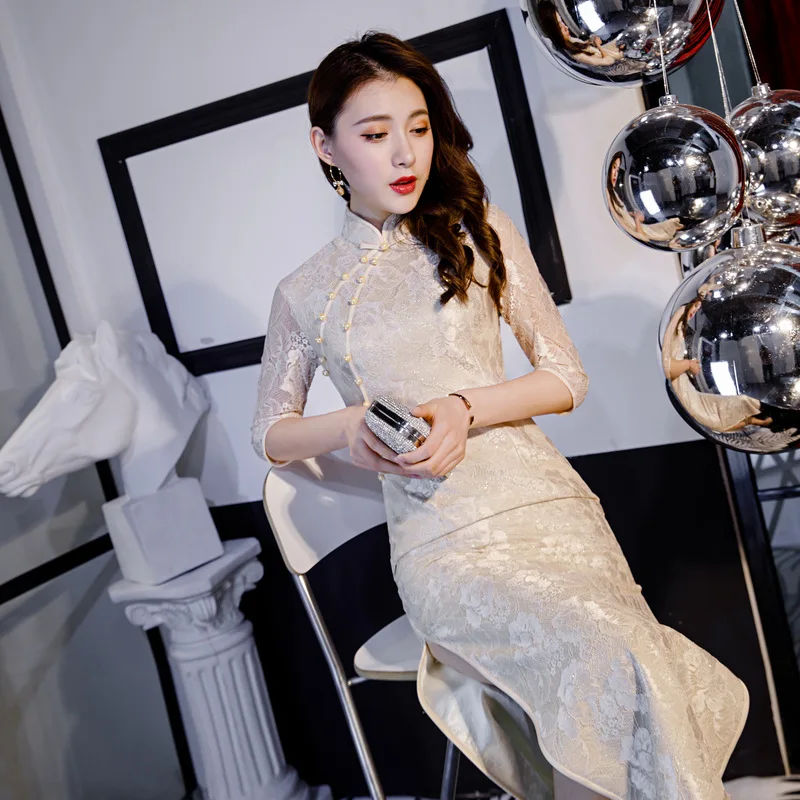 Красное вечернее свадебное платье cheongsam с вырезами, кружевное Восточное китайское платье, женское элегантное кружевное длинное платье qipao, ретро-платье