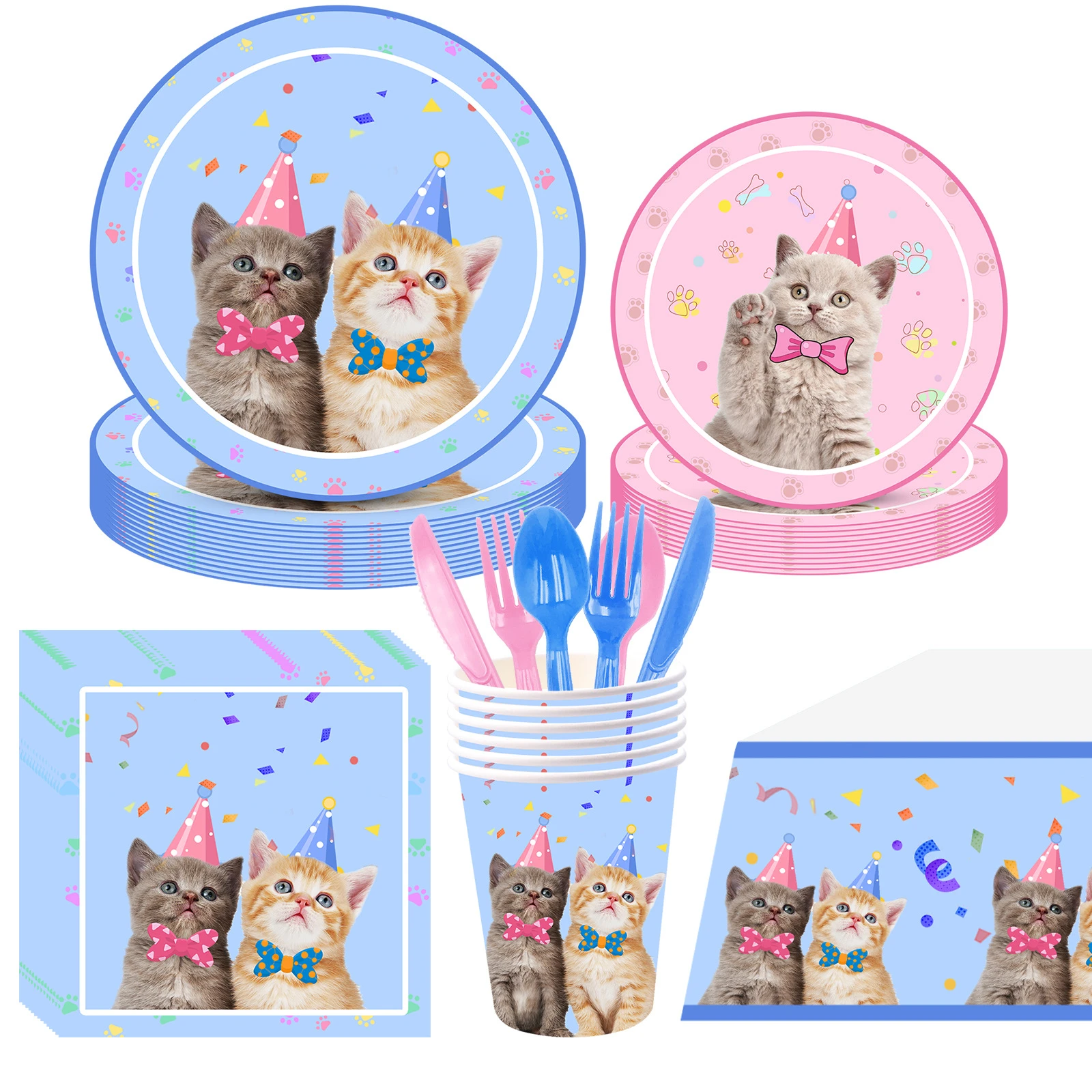 1Set Pet Cats Birthday Paper Cup Plate Napkin Party Bunting Cat Kids Happy Birthday Banner Party Baby Shower Decoration Supplies