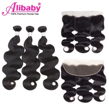 Alibaby пряди с фронтальной объемная волна NaturalColor Реми волос BodyWave с закрытием пряди человеческих волос девственницы перуанский