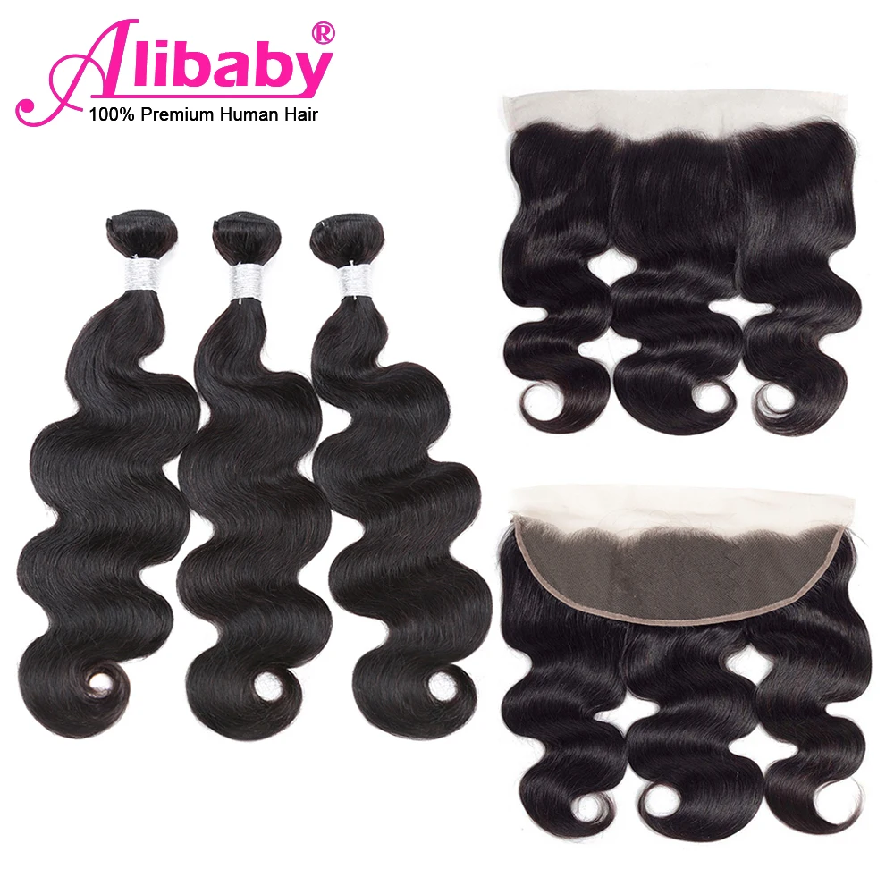 Alibaby пряди с фронтальной объемная волна NaturalColor Реми волос BodyWave закрытием