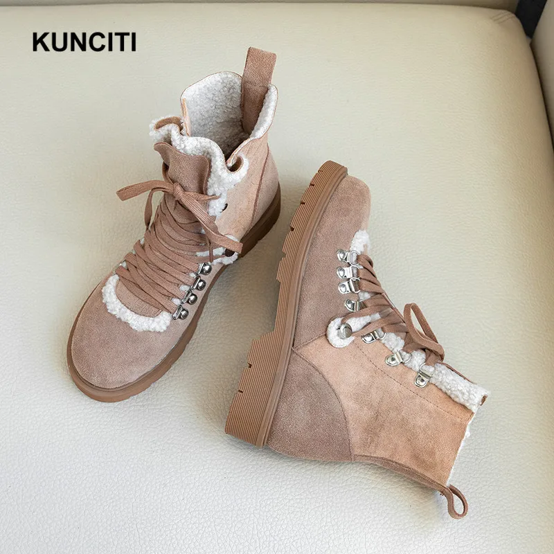 KUNCITI/ женские зимние ботинки на шнуровке с заклепками; цвет коричневый, черный; Botas Mujer; высокое качество; большие размеры 34-42; D9234