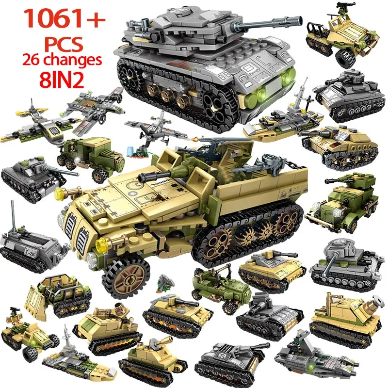 

1061PCS WW2 Empires of Steel Technic Blocks Army Truck Building Blocks Legoingly Military Tank Vehicle Car Toys For Children Boy