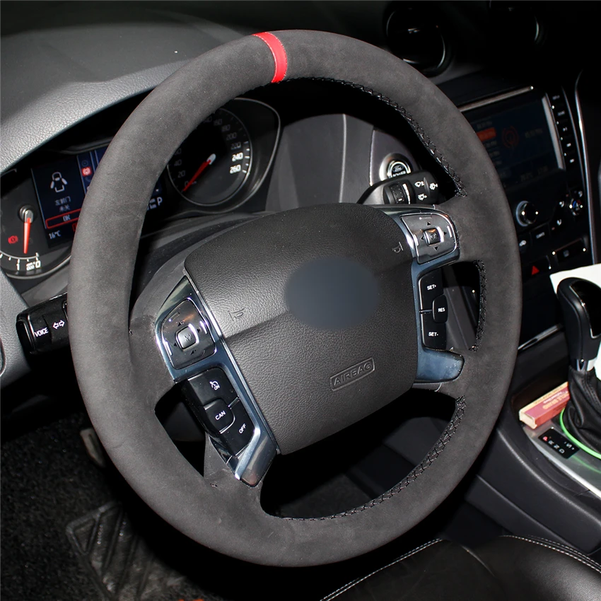 Hand-stitched Red Marker Black Suede Anti-slip Soft Car Steering Wheel Cover for Ford Mondeo Mk4 2007-2012 S-Max 2008