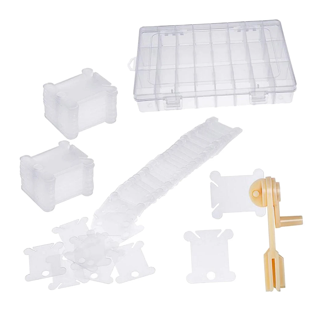 100 Plastic Floss Bobbins Cross Stitch Embroidery Thread Winding Cards Craft DIY Sewing Set with Bobbin Winder and Storage Box