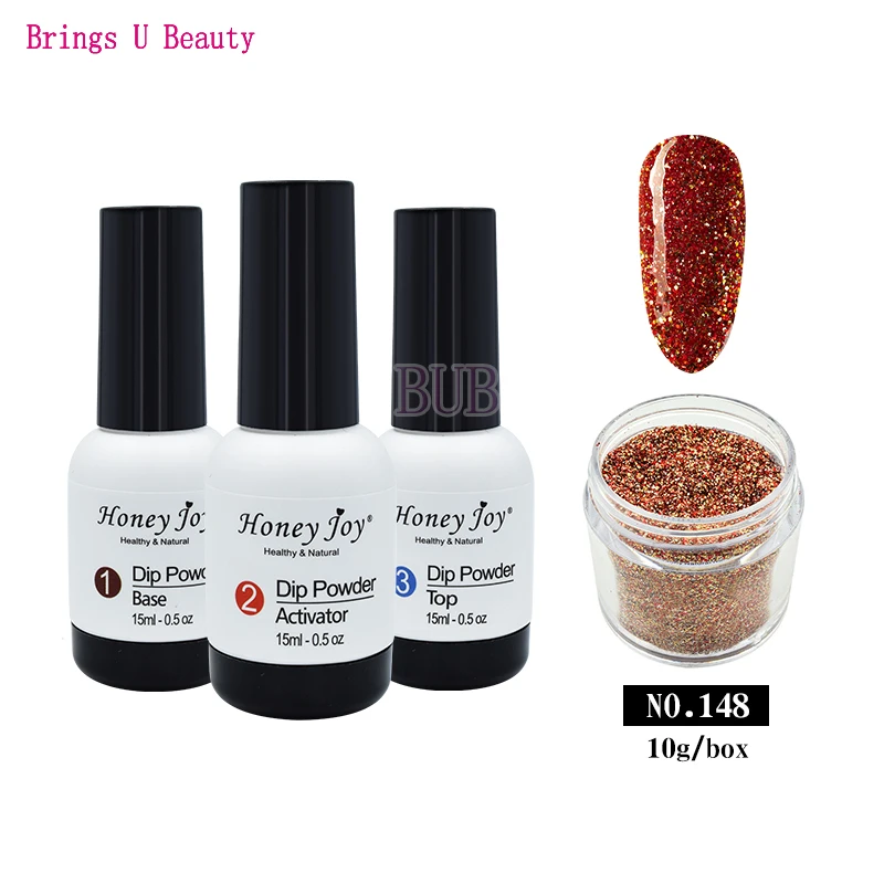 BU-15ml BAT-10g148 4 in 1 Dipping Powder Tool Kits Set 10g Shine Glitter Dip Powder 15ml Base Coat Top Coat Activator Natural Dry Long Lasting - Цвет: BU-15ml BAT-10g148
