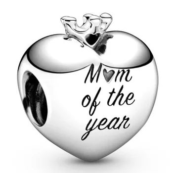 

Original Princess Love Heart With Mom Of The Year Beads Fit 925 Sterling Silver Bead Charm Bracelet Bangle DIY Jewelry