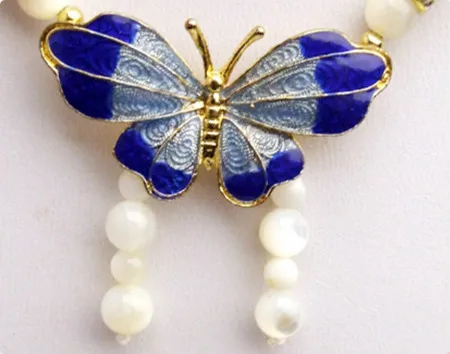 Qingmos Cloisonne 40*37 мм ожерелье с подвеской в виде бабочки для женщин с 6 мм натуральными белыми бусинами в виде раковины& Lapis ОЖЕРЕЛЬЕ 1" чокеры - Окраска металла: 40-20mm Butterfly