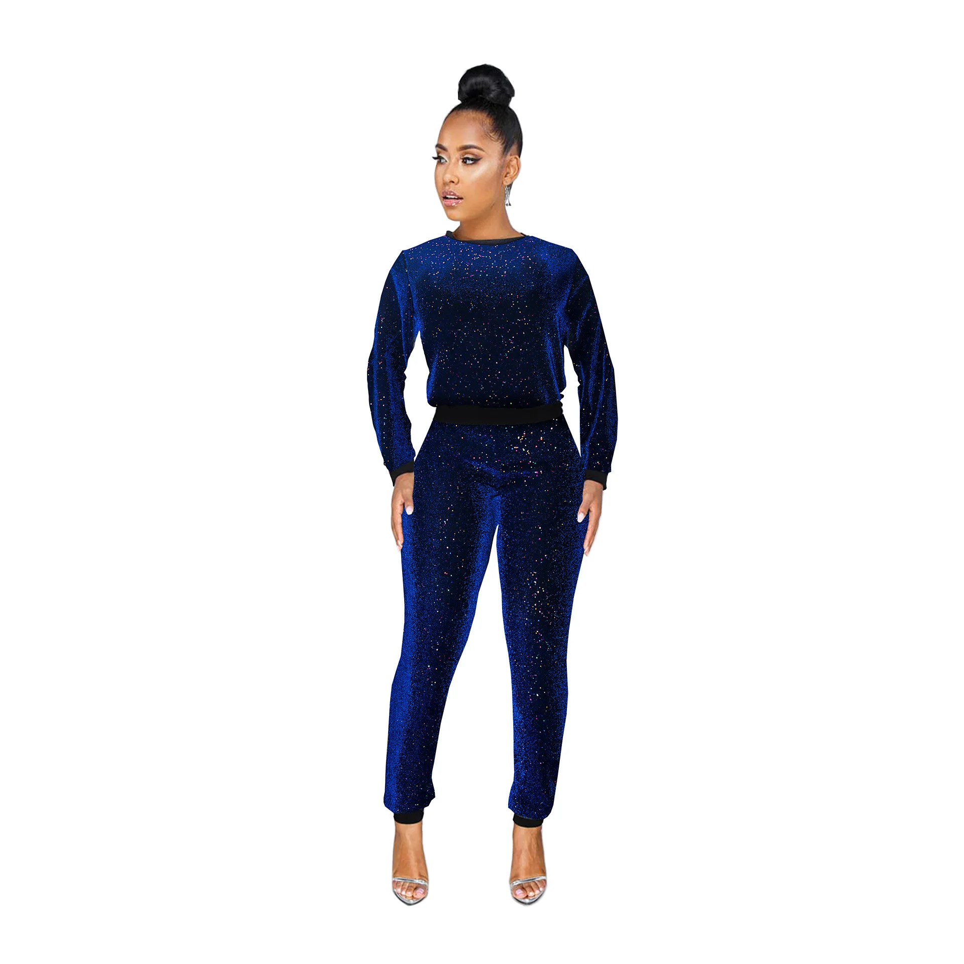 

Two Piece set Women Sequin Long-Sleeve Tops And Elastic Waist Pants 2019 Autumn Winter Ladies Fashion Women's Sets Plus Size