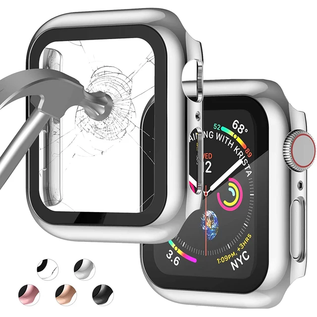 Glass + Cover for Apple Watch Case 45mm 41mm 44mm 40mm 42mm 38mm Screen Protector Accessories for iWatch Series7 6 5 4 3 se Silver