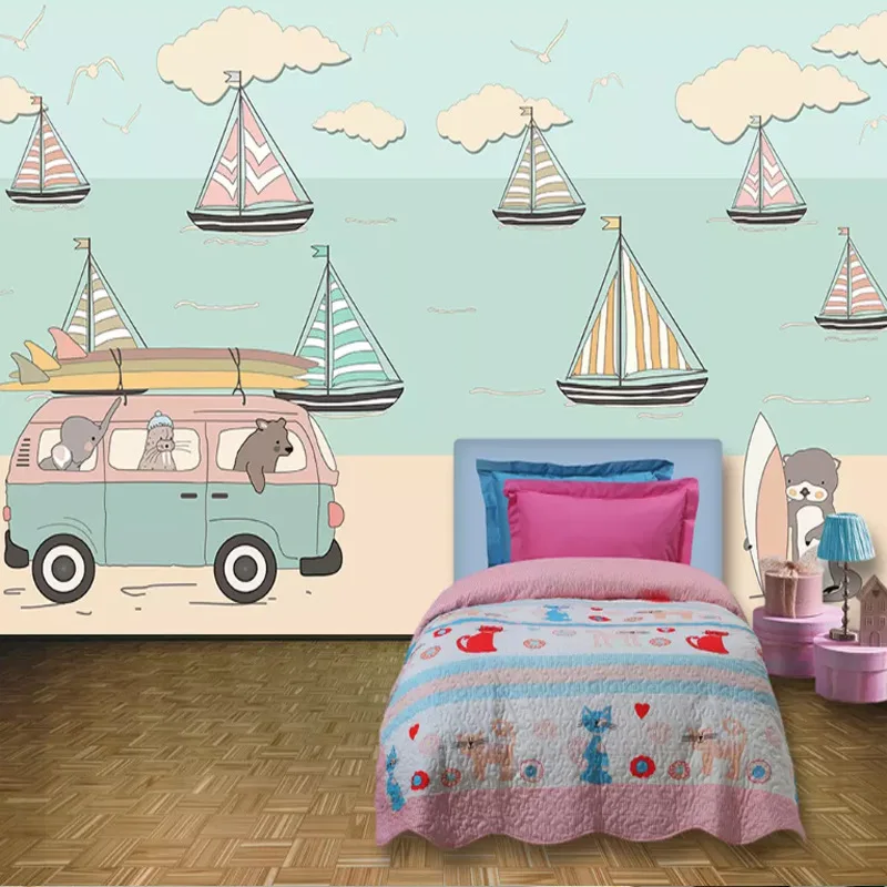 

Blue Mediterranean CHILDREN'S Room Wallpaper Boys And Girls Bedroom Non-woven Wallpaper Cartoon Sailboat TV Backdrop