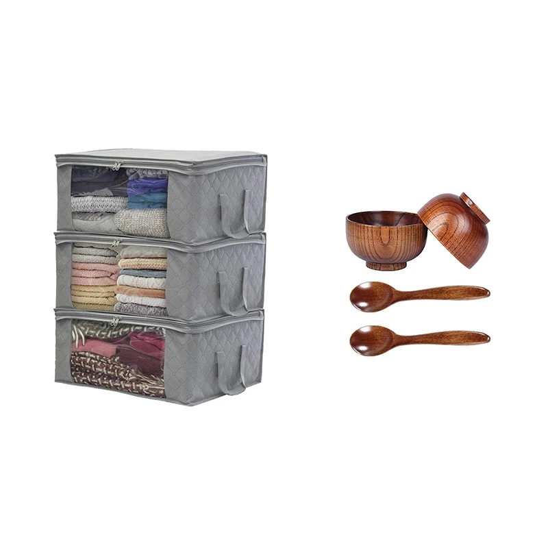 3Pcs Storage Bag Quilt Clothes Non Woven Fabric Box With Wood Spoons Bowl Set | Дом и сад