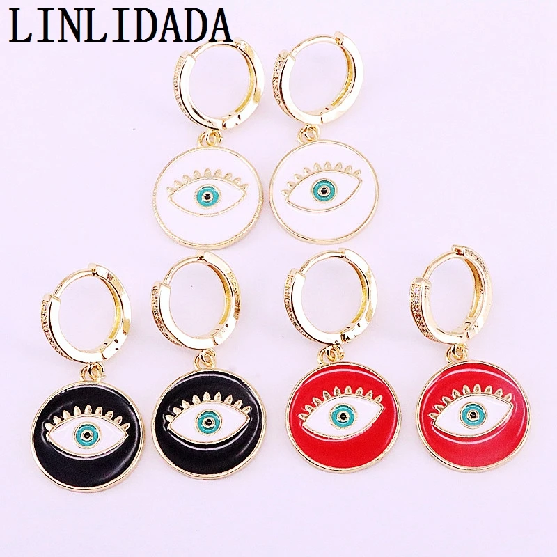 

6Pair Mix Color Enamel Eye Round shaped Earrings Gold Color Fashion For Women Girls Jewelry Colorful Zirconia Dangle Earrings