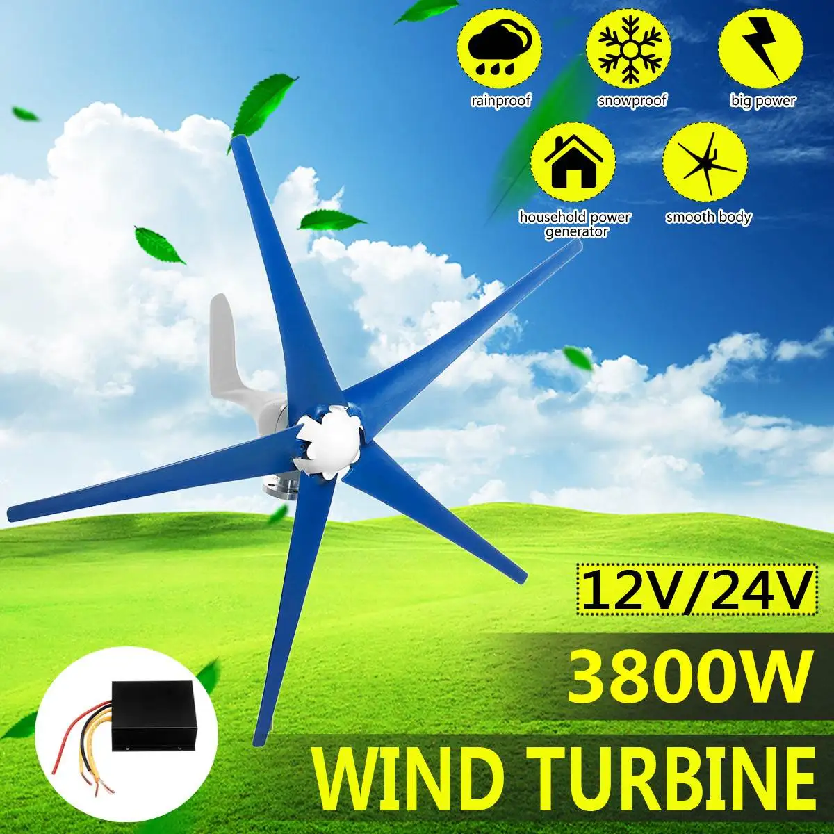

3800W 12V/24V Wind Turbines Generator 5 Blades Horizontal Wind Generator With Controller Windmill Energy Turbines Charge