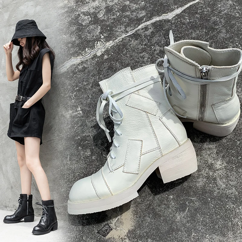 

natural Leather Women Ankle Boots Women Motorcycle Boots Injured military boots Monochrome stitching shoes woman outdoor booties