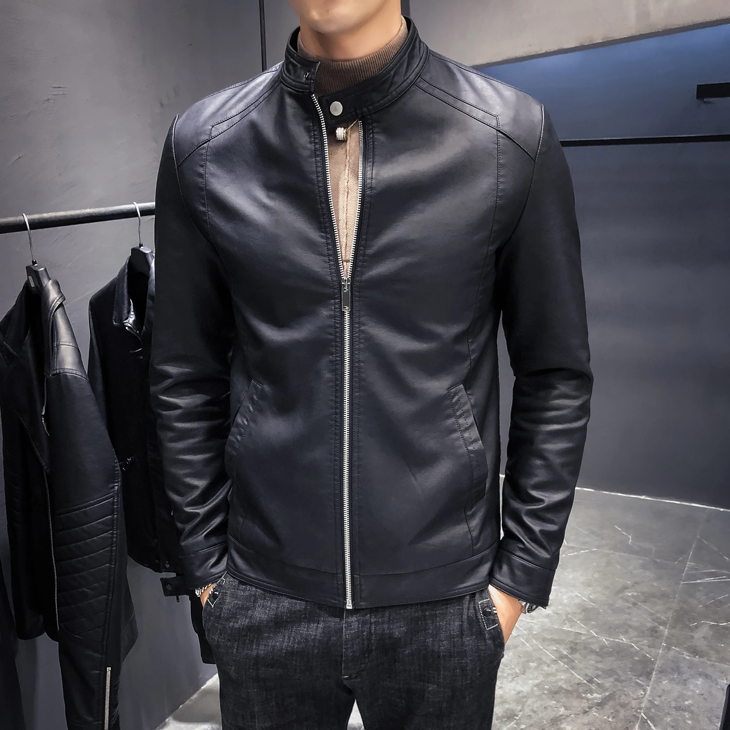 Promo 2019 Brand clothing Fashion Men Autumn winter Leisure leather jacket/Male High-quality slim fit Station collar Leather coats 5XL