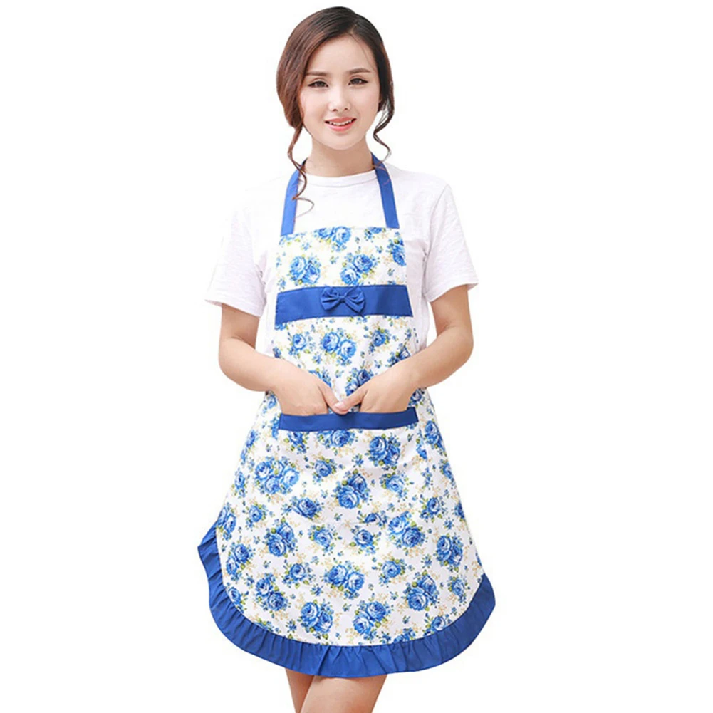 Women Bib Floral Print Bowknot Kitchen Restaurant Cooking Pocket Dress Apron Polyester Peach Skin Floral Print Bowknot Pocket