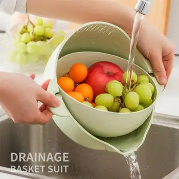 

Useful High Quality Fashion Double Drain Basket Bowl Washing Kitchen Fruit Vegetable Washing Draining Basket Rotating Strainer