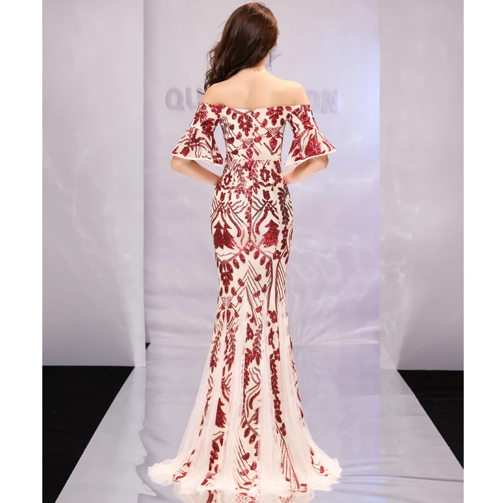 Вечернее платье с открытыми плечами и коротким рукавом Robe De Soiree милое женское вечернее платье с пайетками вечерние платья F116