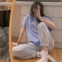 

Fernan Sleep Top and Plaid Pants Pajamas Girls Women Spring Summer 2021 Pyjamas Short Sleeve Pijamas Round Neck Nightwear Sets